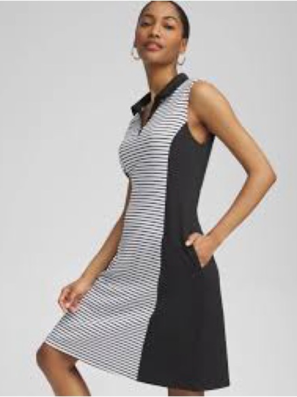 Energy by Chicos Sleeveless Black & White Striped UPF Polo dress